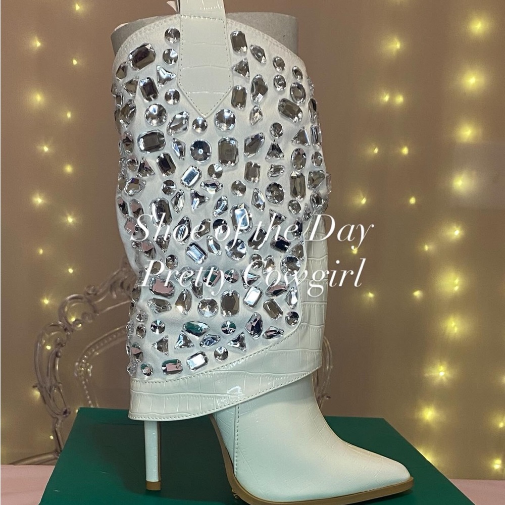 Lauren Lorraine White Crystal Heeled Boots